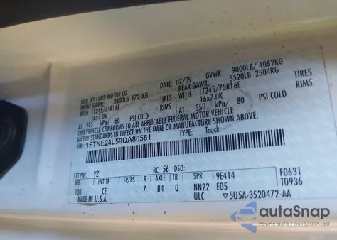 2009 Ford E-250 Commercial/Recreational из США, поврежденный, VIN 1FTNE24L59DA86581